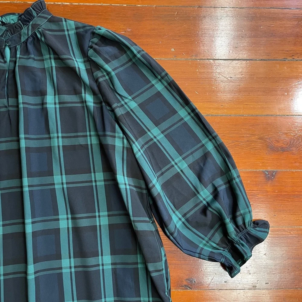 J. Crew Green Black Watch Tartan Plaid Ruffle Puff Sleeve Dress Sz 2X 🧡🎀